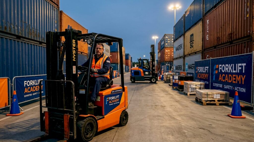 Forklift operator driving in warehouse aisle