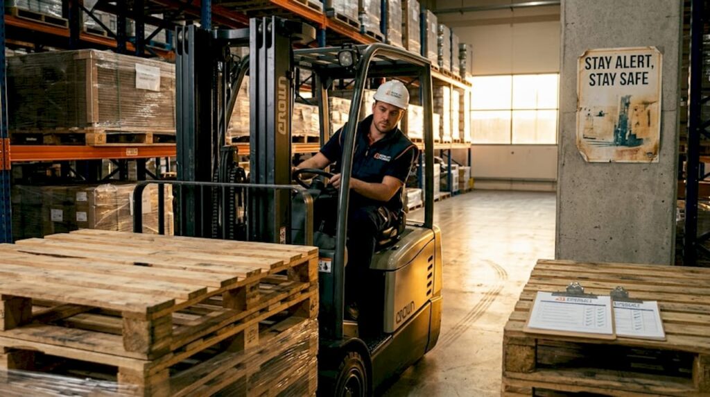 Forklift operator working in busy warehouse aisle