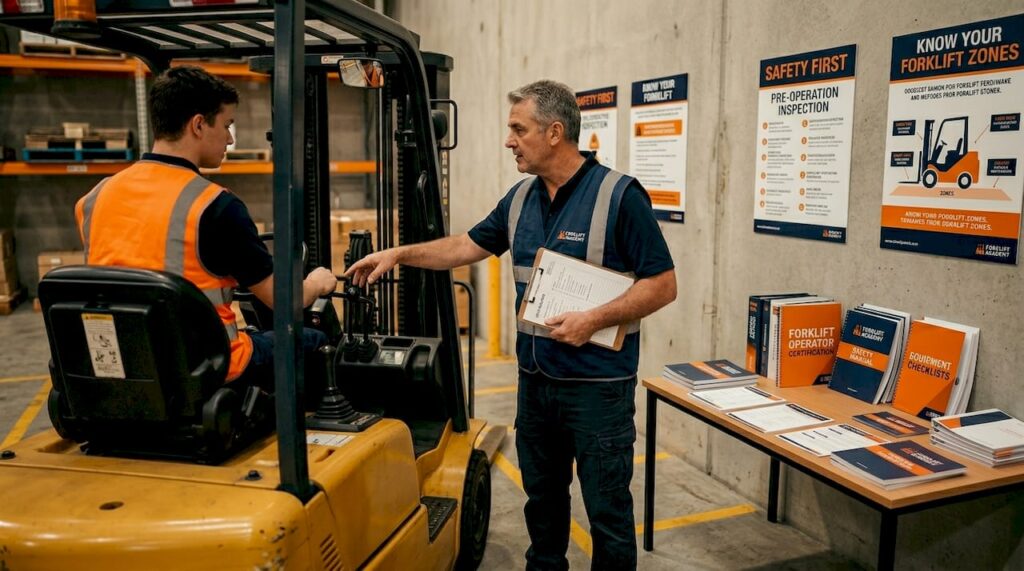 Forklift trainer instructing operator in warehouse
