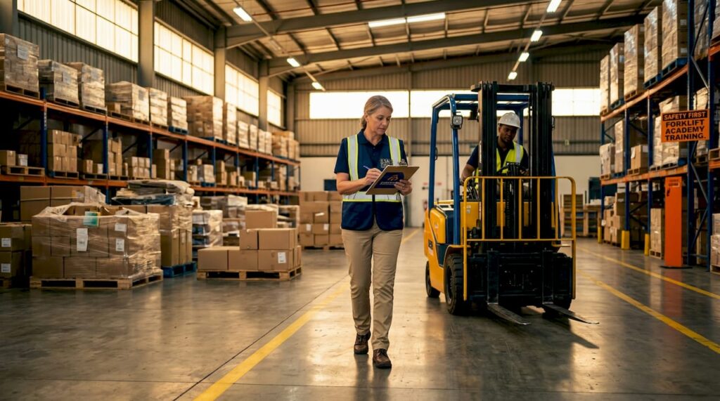 Warehouse manager doing safety walk near forklift