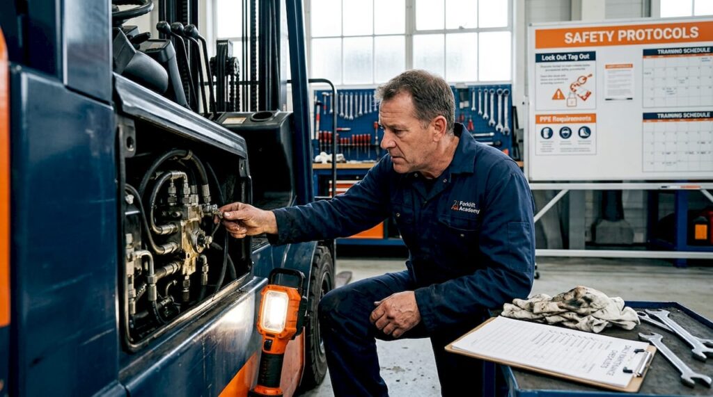 Mechanic performing forklift maintenance in warehouse