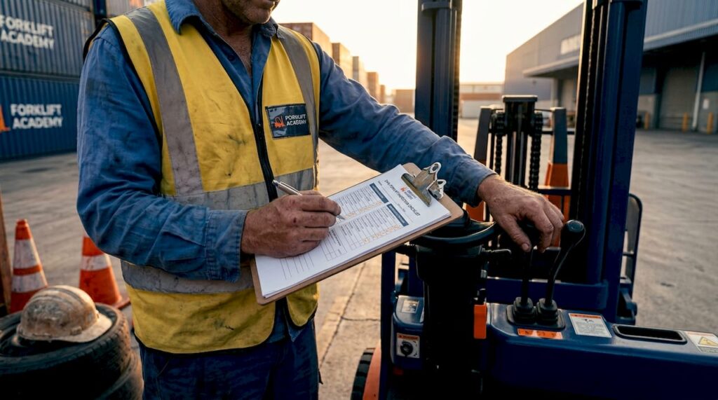 Forklift operator inspecting equipment in warehouse