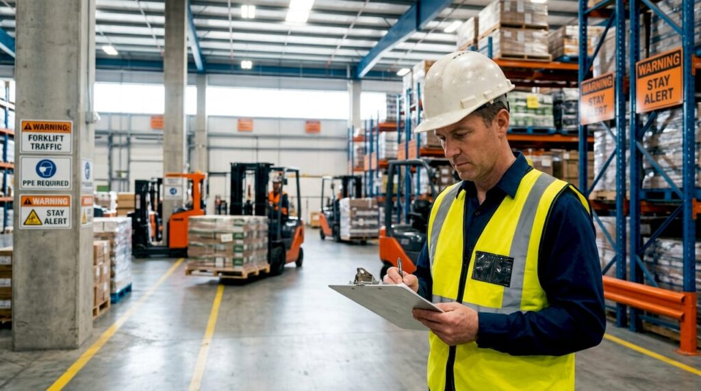 Safety officer reviewing workplace compliance in warehouse