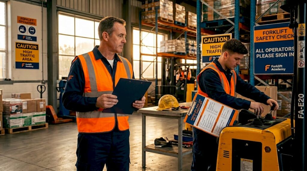 Warehouse supervisor overseeing forklift safety inspection
