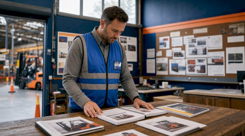 Warehouse safety manager reviewing forklift training rules