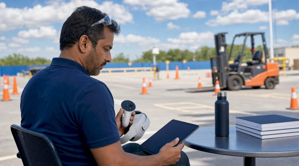 Instructor preparing forklift VR training