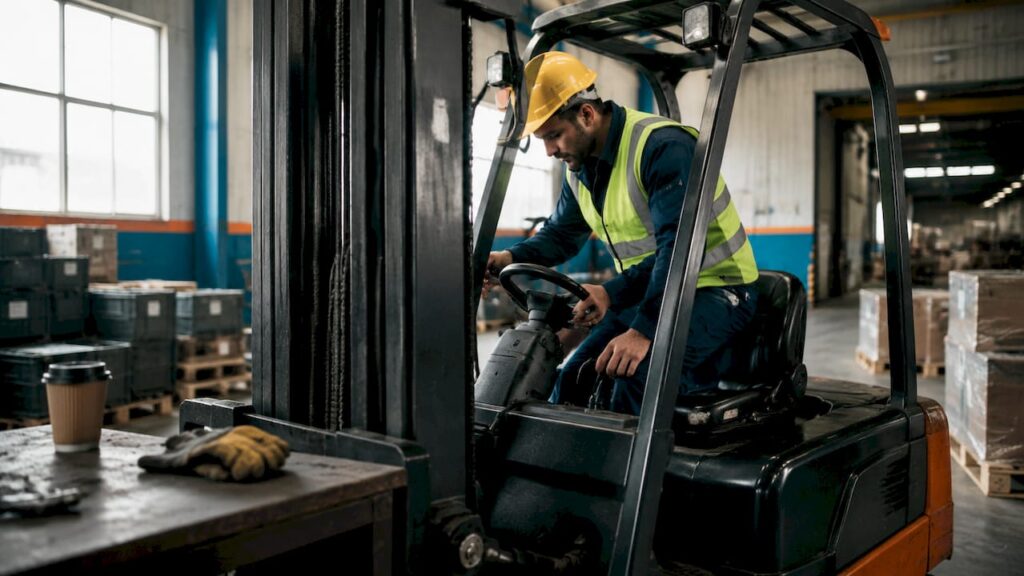 Warehouse operator inspecting forklift controls