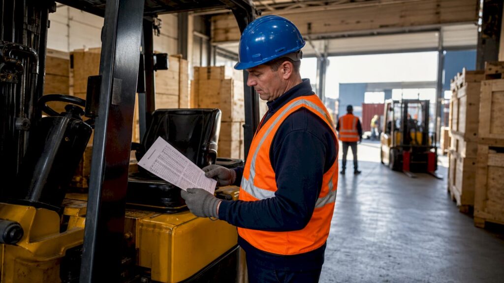 Forklift operator reviewing load capacity chart