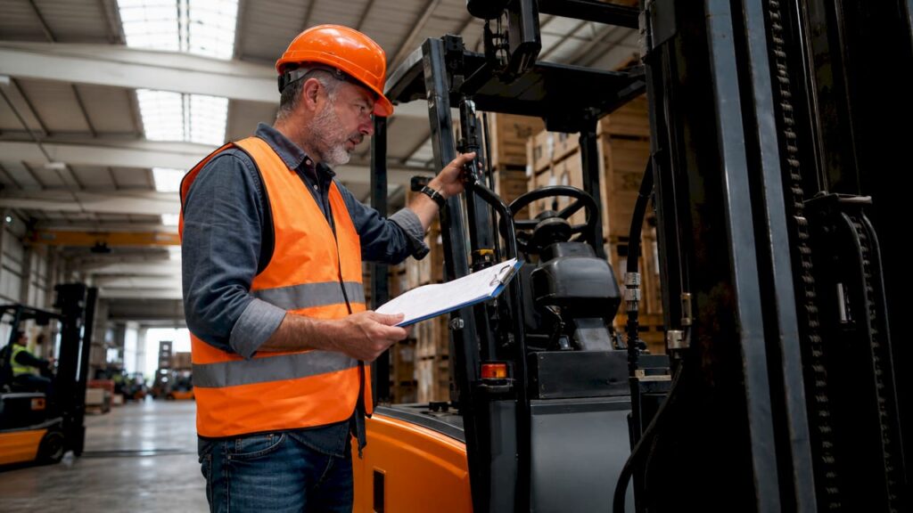 Warehouse supervisor inspecting forklift for safety