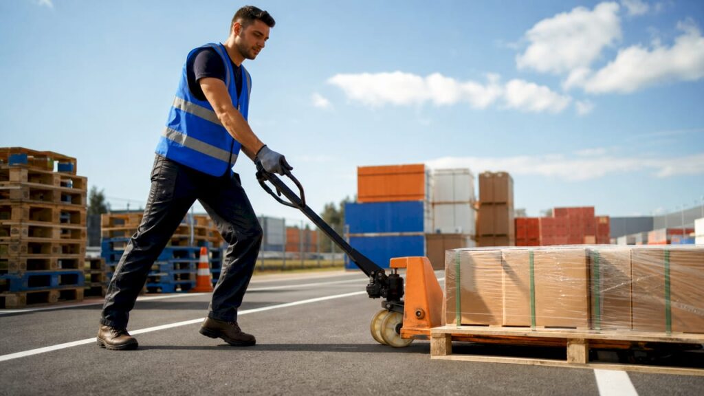 Warehouse worker training with pallet jack