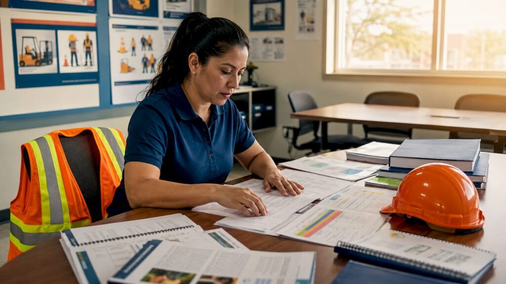 Safety manager reviewing OSHA compliance documents