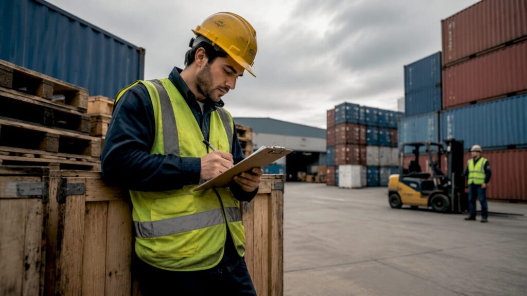 Trainee reviewing forklift checklist in warehouse