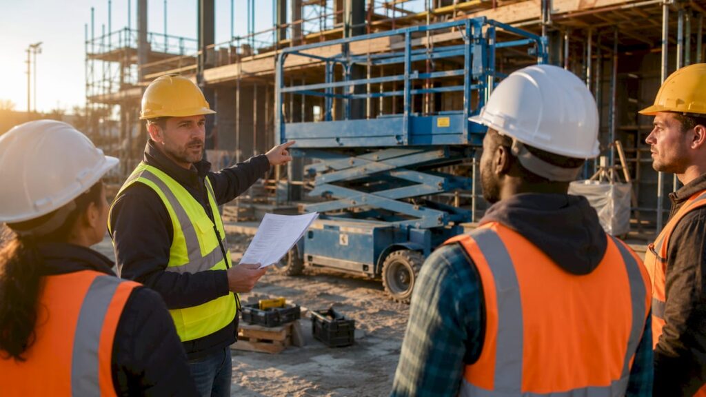 Trainer explaining scissor lift safety on site