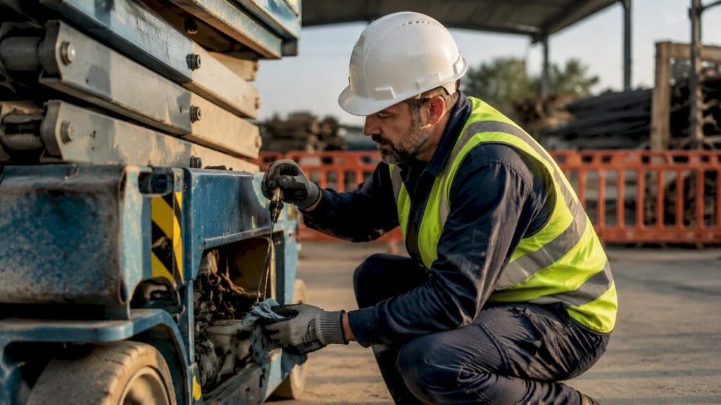 Technician inspecting scissor lift outdoors