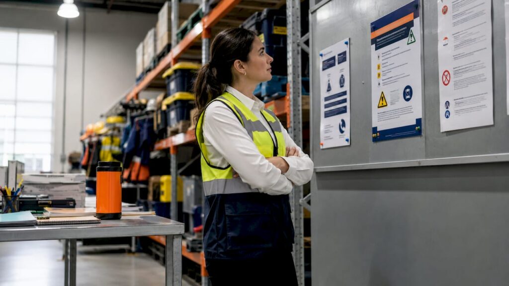 Safety manager reviewing hazard report poster