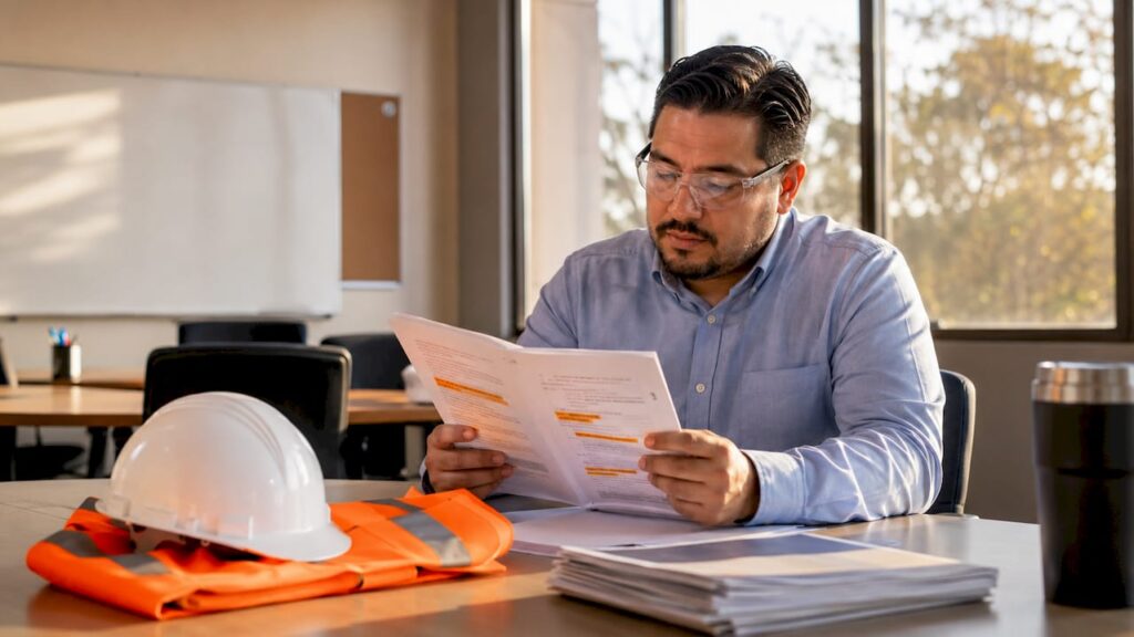 Safety officer reviewing OSHA compliance guide
