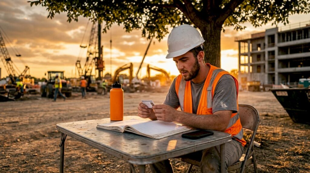 Construction worker studying OSHA certification card