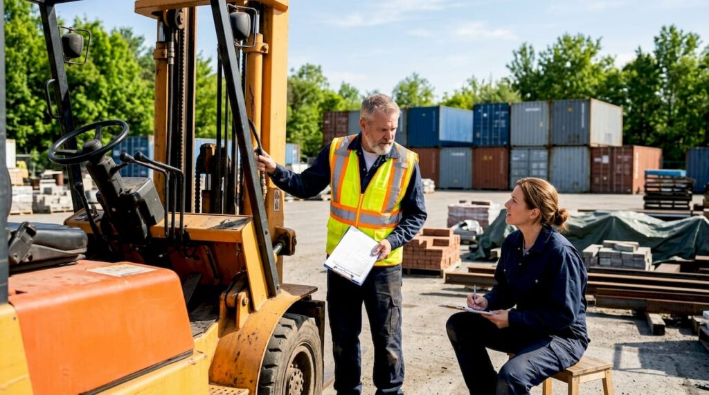 Forklift operator inspecting equipment during onsite training