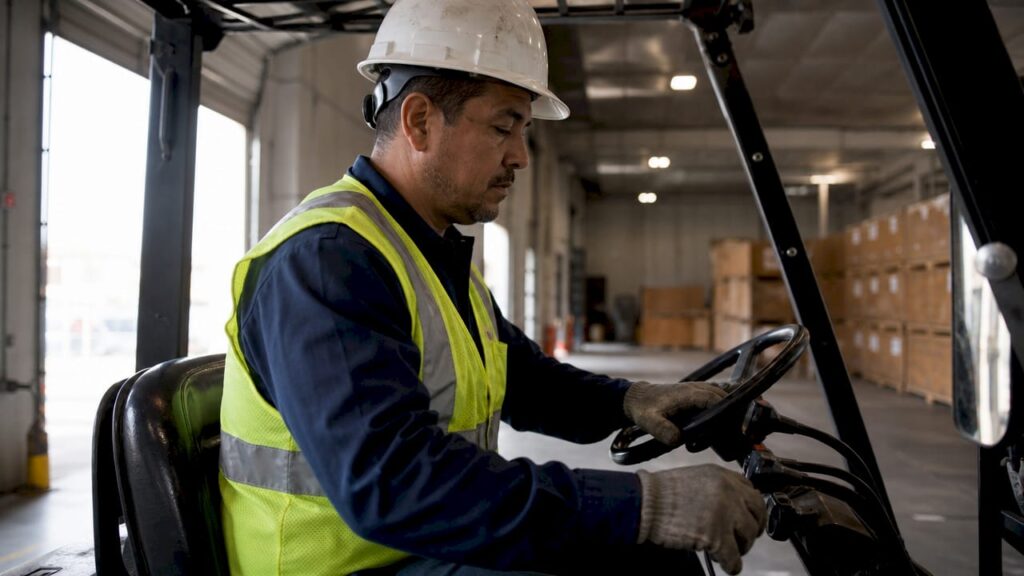 Forklift operator engaged in safety training in warehouse