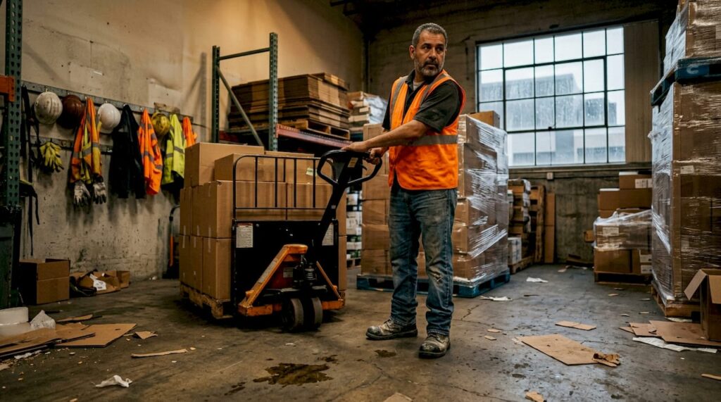 Warehouse worker operating pallet jack