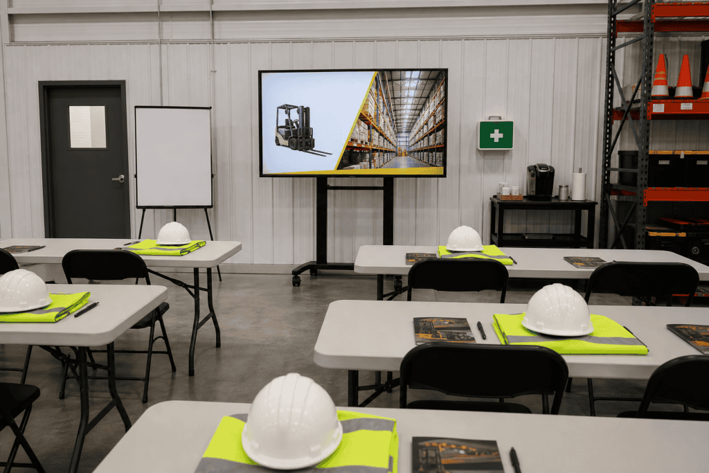 Classroom with TV, PPE at tables, first aid, and coffee