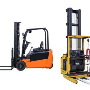 Orange and yellow forklifts in a warehouse