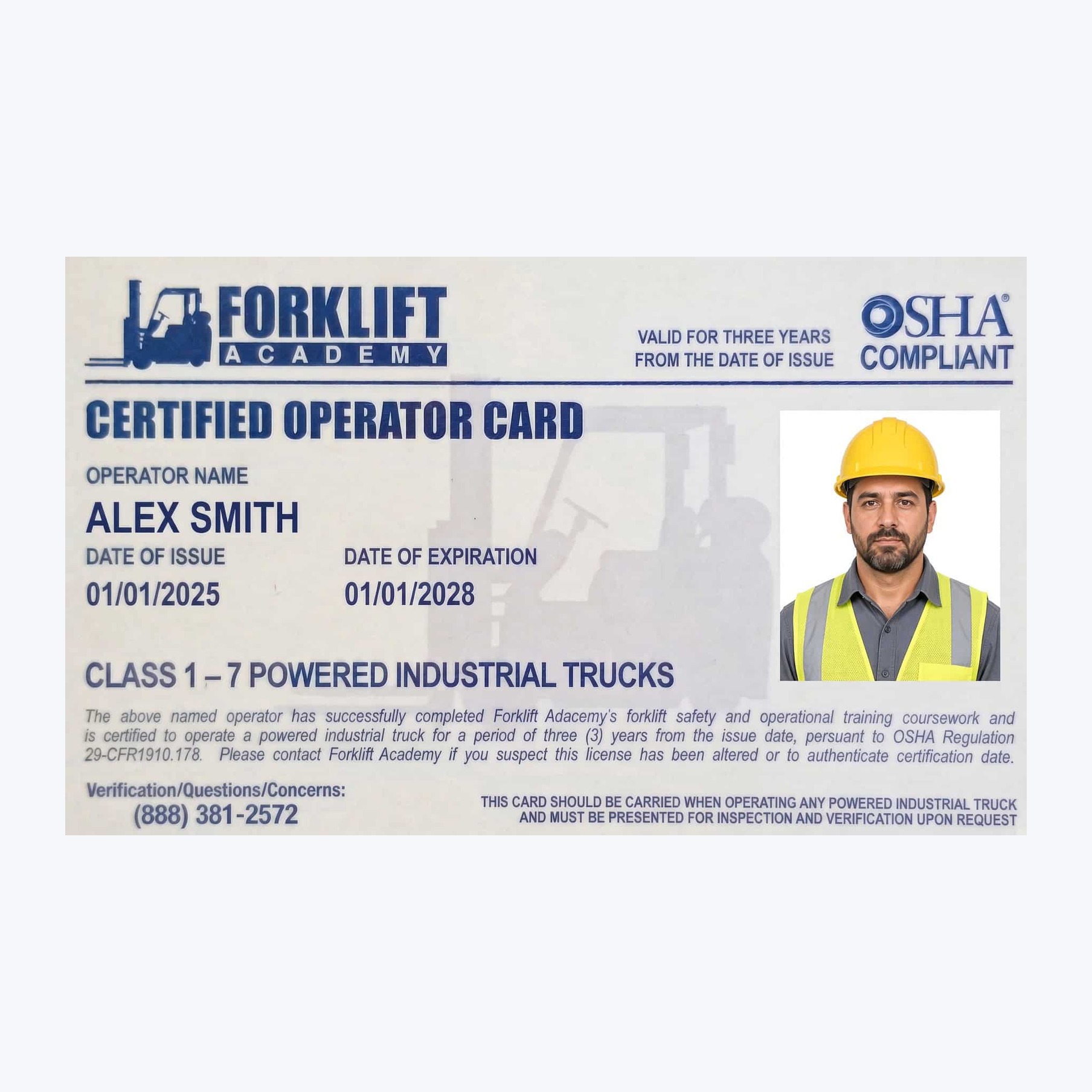 Example printed operator card with photo ID