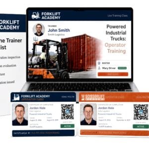 Forklift Academy Train the Trainer: live class presenter, checklist, and operator cards