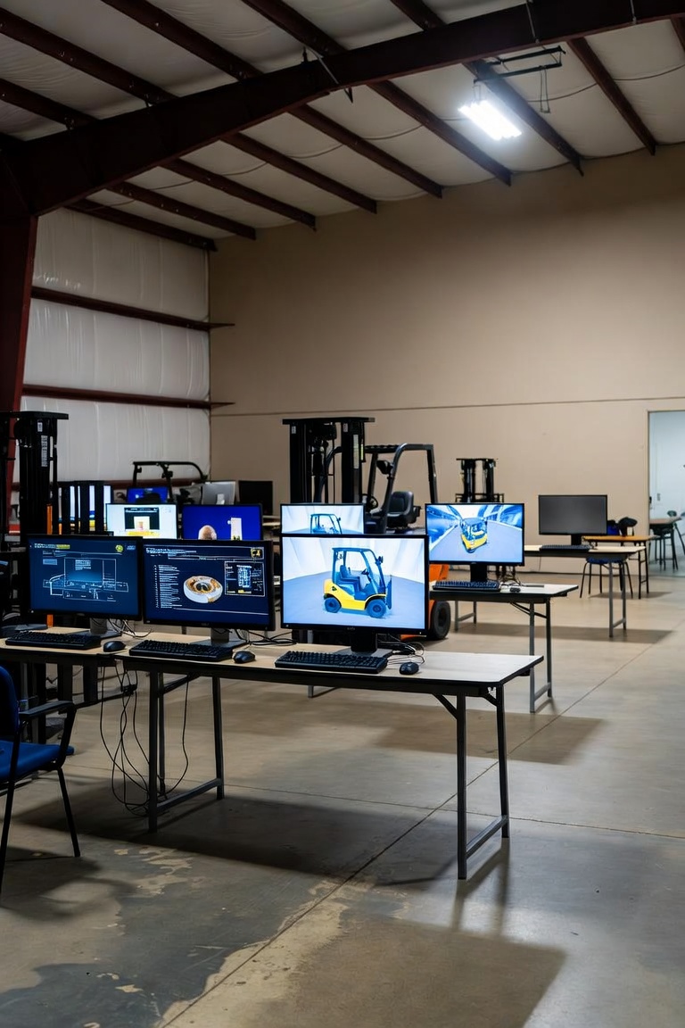 Computer training lab in a warehouse with forklifts nearby