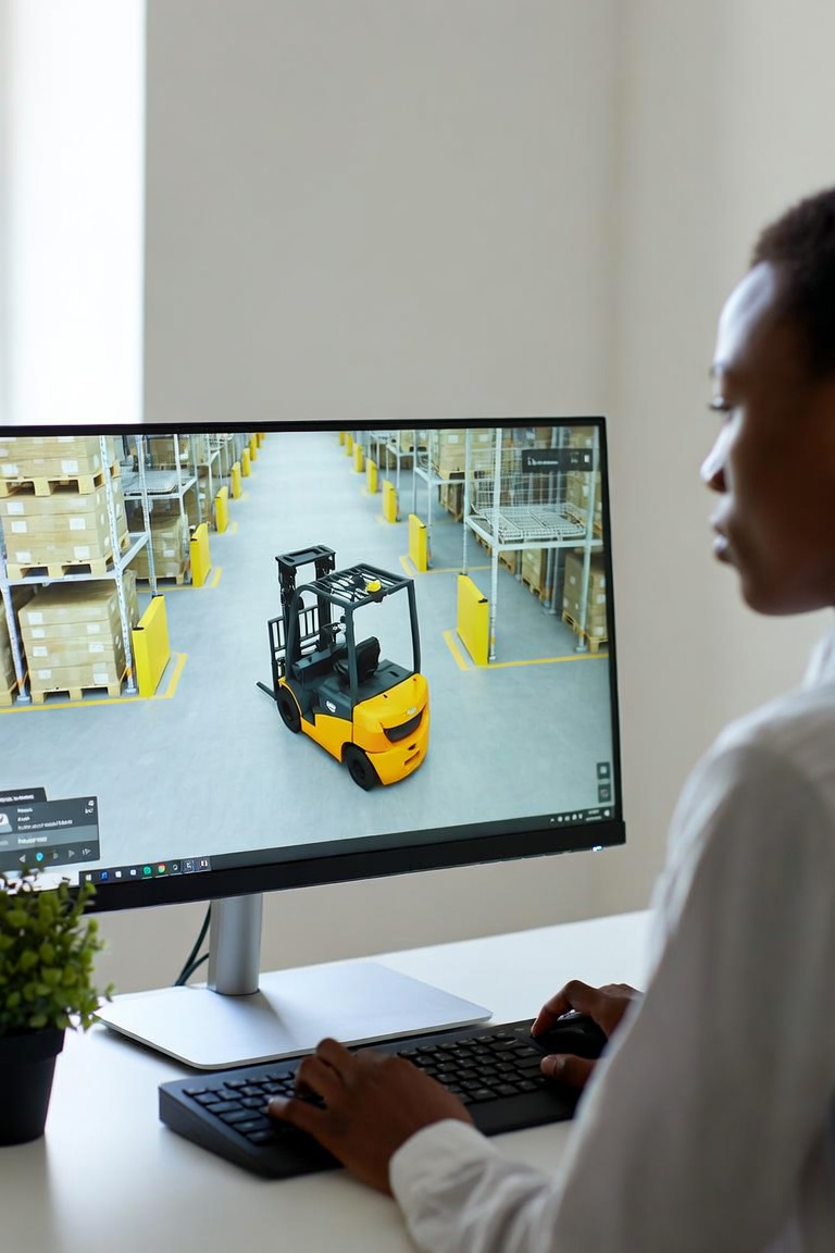 Trainee taking an online forklift course at a desk