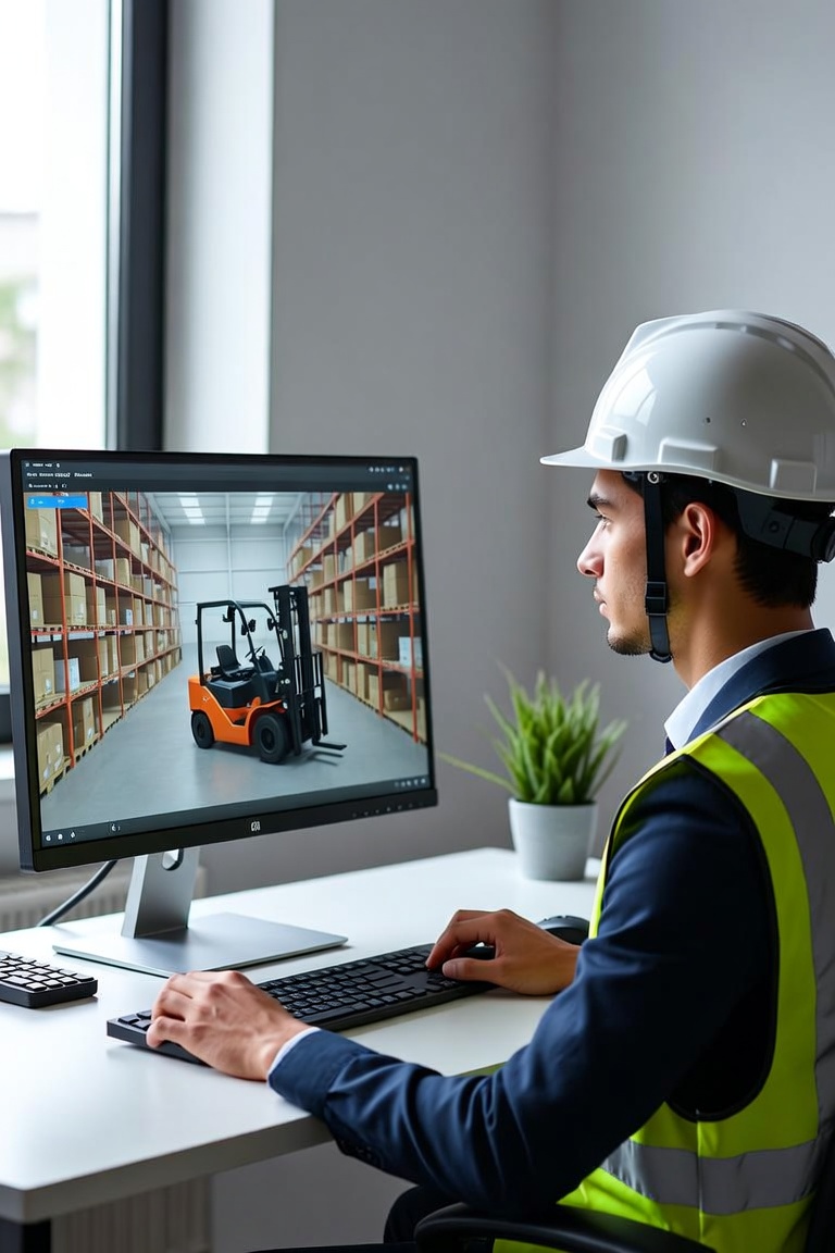 Worker in a hard hat taking online forklift training