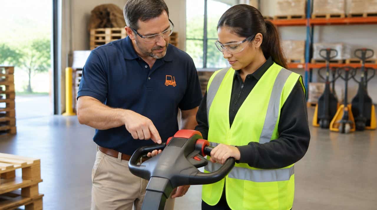 Forklift Academy instructor showing a trainee the controls of an electric pallet jack