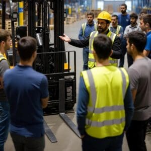 Train the Trainer forklift instructor leading a group in a warehouse